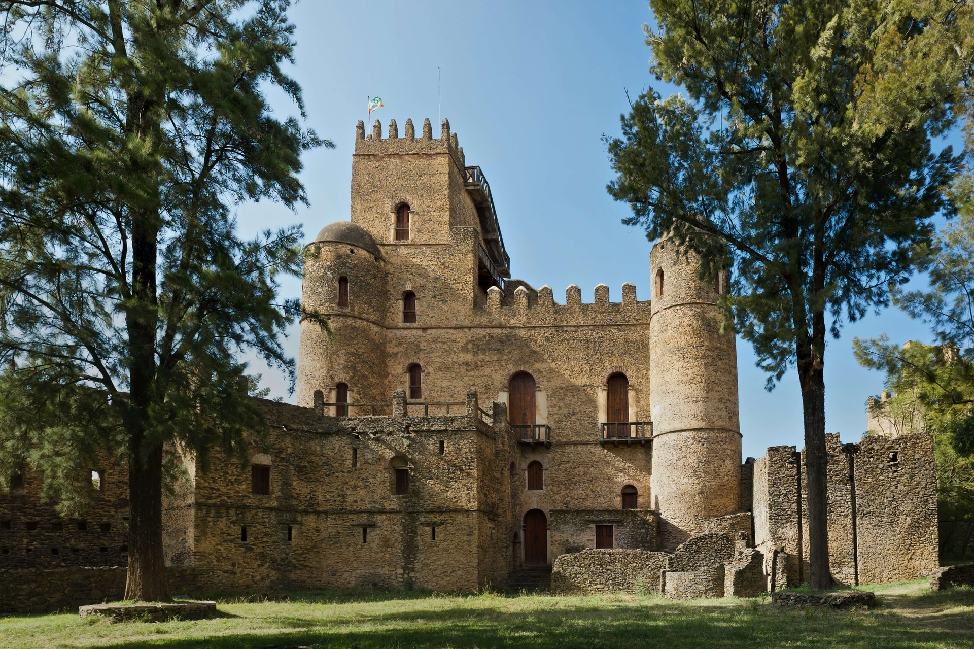 Fasil Ghebbi royal castle at golden light, Gondar Ethiopia