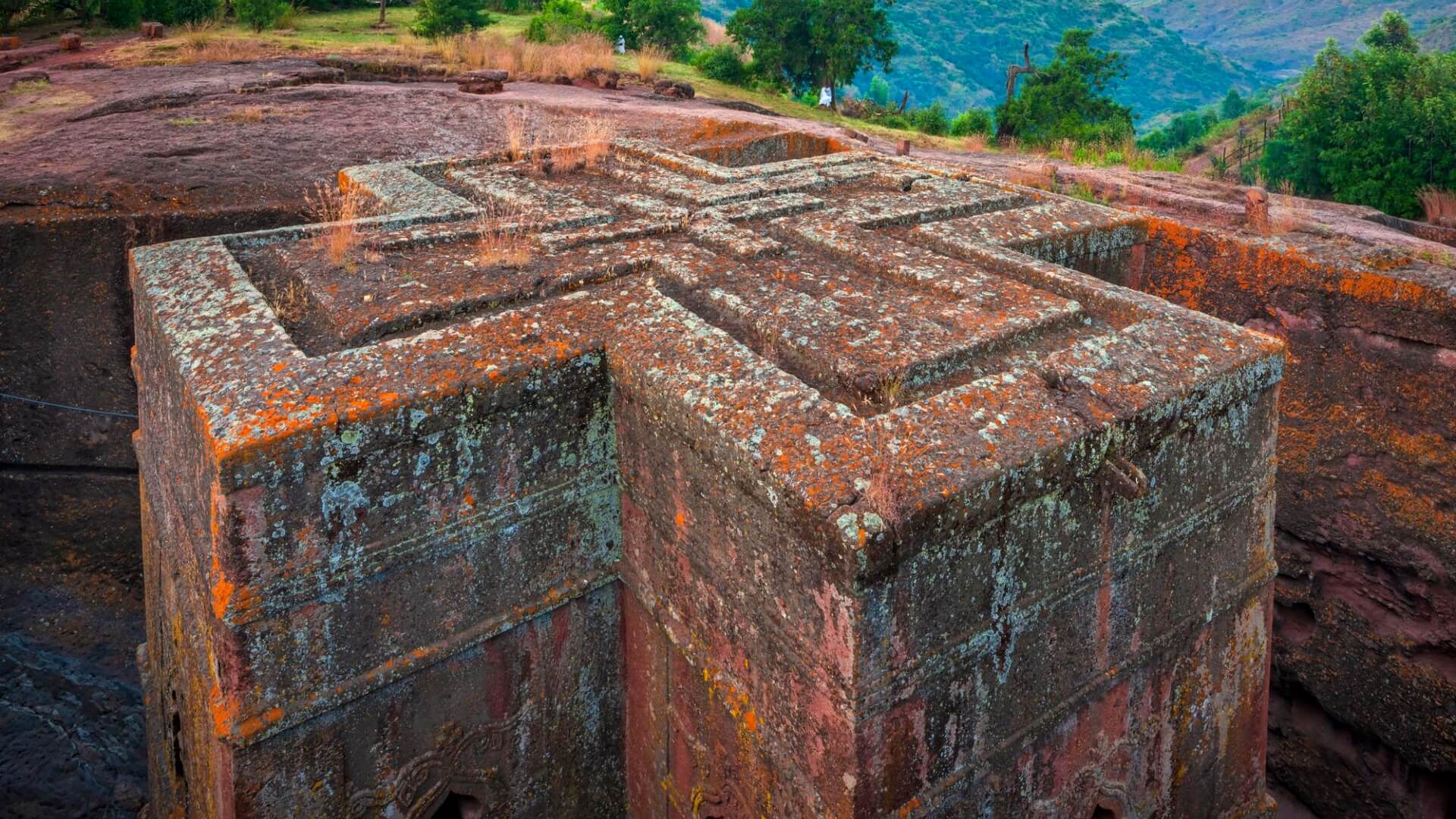 Cross-shaped rock church, Lalibela aerial